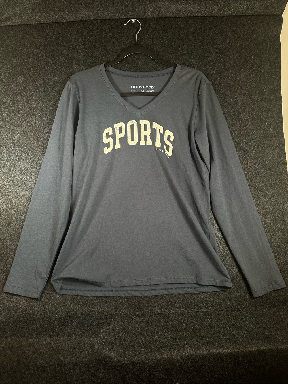 Life is Good Womens M Long Sleeve V-Neck Sports Graphic T-Shirt Navy